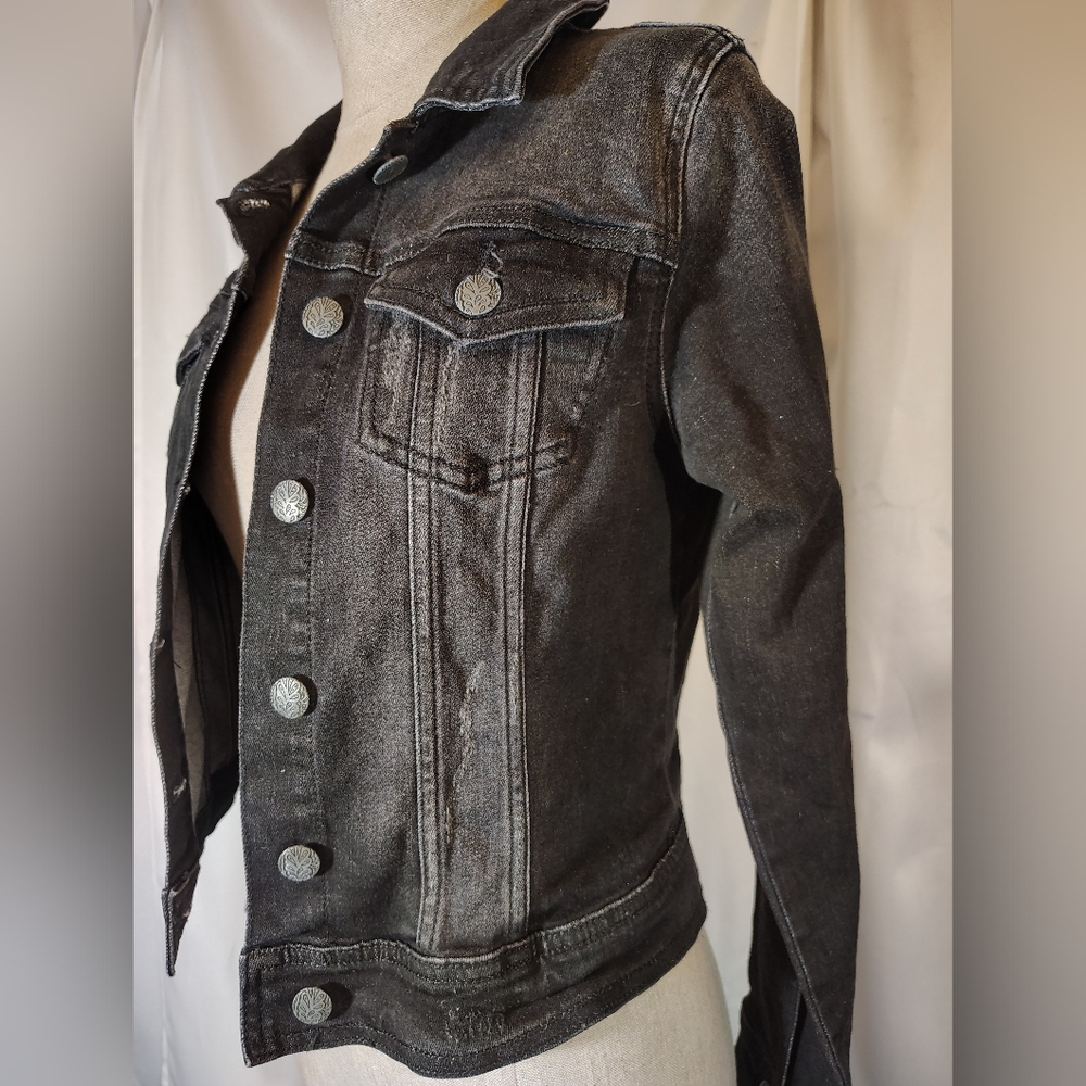 Prana Denim Crop Jacket, Black Distressed Jean  Pockets,Collar,BttnUp,Stretch,XS - Picture 3 of 8